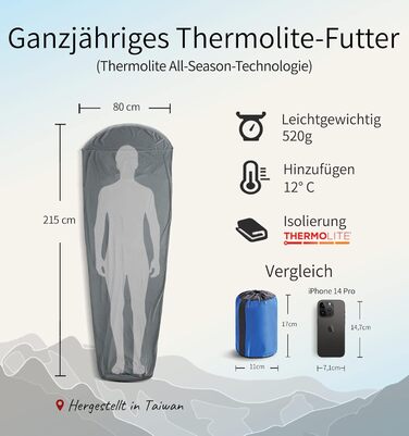 Спальний мішок-вкладиш Litume Thermolite Velour, антипиловий, для туристів, температура 12°C/8°C, для кемпінгу, легкий, з капюшоном і шнурком, універсальний, мумиформ, для походів та подорожей