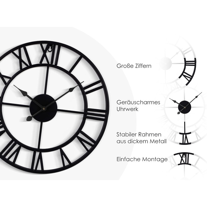 Samilito Large Wall Clock in Vintage Style, Round, Silent. Free with it: ONE extra set of clock hands in Black. Metal clock for loft, living room, bedroom and kitchen decoration (60cm, Black)