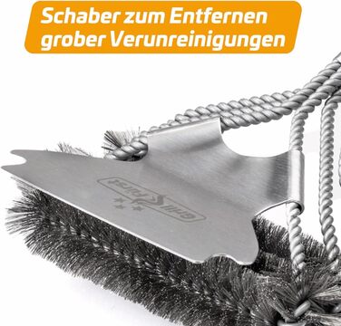 3X Grillfürst Premium Grill Brush with Brass Bristles, 45 cm - Grill Cleaning Brush for Grill Grates, Grill Grate Brush with Wide 3-Section Brush Head and Scraper (Stainless Steel with Scraper)