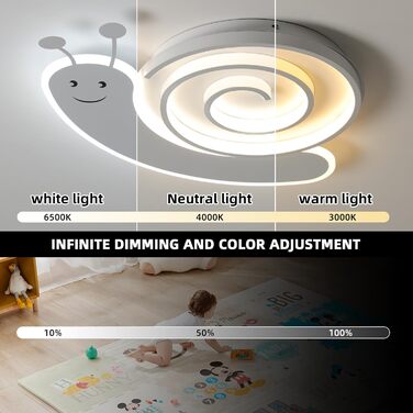 Дитяча стельова LED-лампа Oninio 48W, диммована, з пультом, у формі равлика, біла, для спальні, офісу, дитсадка