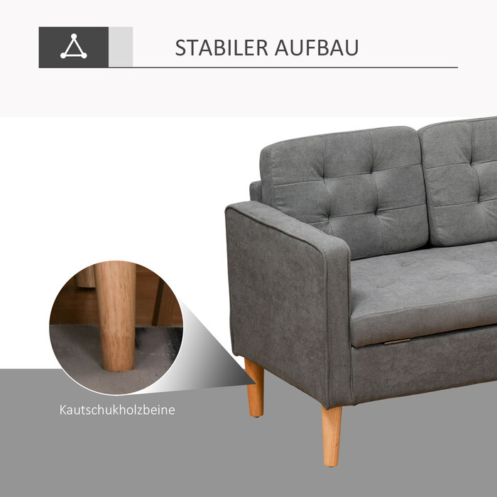 HOMCOM 3-Seater Sofa Fabric Sofa Loveseat Gray with Removable Cushions Made of Cotton and Rubberwood 166.5 x 62 x 82 cm