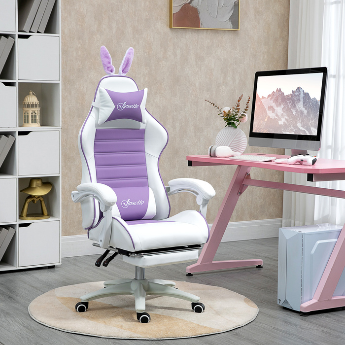 Ігрове крісло Vinsetto Ergonomic Gaming Chair з підтримкою попереку, підставкою для ніг, ігровий диван з вушками, подушкою для голови, офісне крісло з регульованою спинкою та функцією відкидання, фіолетовий | Aosom