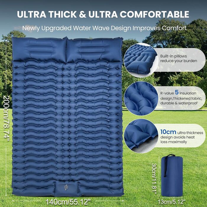 Надувний килимок для кемпінгу LAMA Doppel 200x140x10 см для двох осіб з помпою та подушкою, блакитний