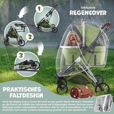 Візок для собак 3в1: візок-переноска, сумка-переноска, лежанка. Макс. вага 20 кг. Зручний, складний, з великими колесами, сітковими віконцями, дощовиком, тримачем для напоїв та м'якою підстилкою. Підходить для собак та котів (Khaki / Silver)
