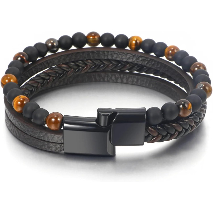 Чоловічий браслет з натуральної шкіри, плетіння ручної роботи. Браслет для чоловіків зі сталевою застібкою, шкіряний браслет з телячої шкіри, широкий браслет з магнітною застібкою, браслет з тигровим оком (21 см)