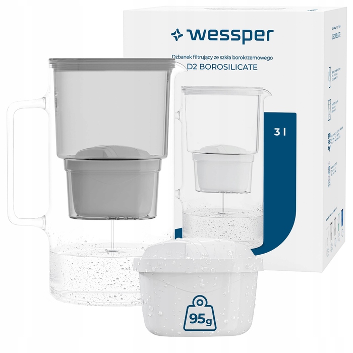 Скляний фільтр-кувшин Wessper D2 BOROSILICATE 3л, сірий + 2 фільтри у комплекті