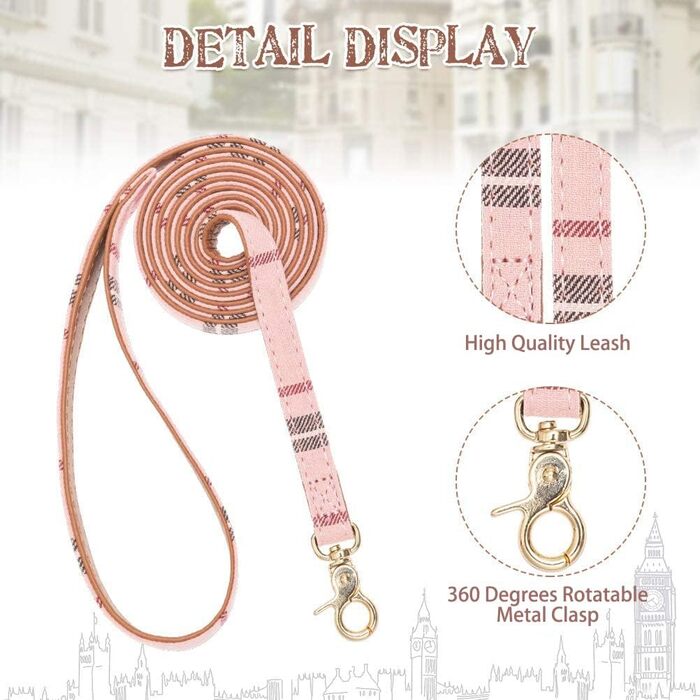 Набір аксесуарів для собак EXPAWLORER: ошийник, повідок та бандана в клітинку. Регульовані, з дзвіночком. Підходить для цуценят та котів, розмір S-M, рожевий.