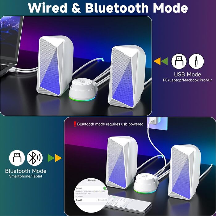 SOULION C30 - Bluetooth колонки для ПК, монітора, ноутбука, ігор. Stereo 2.0, LED, Aux, USB, білий