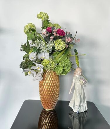 Декоративна ваза для квітів, блакитно-золота, з діамантовим візерунком, широкою основою та вузьким горлом. Ідеально для декору вітальні, їдальні, коридору, спальні. Чудовий подарунок на новосілля