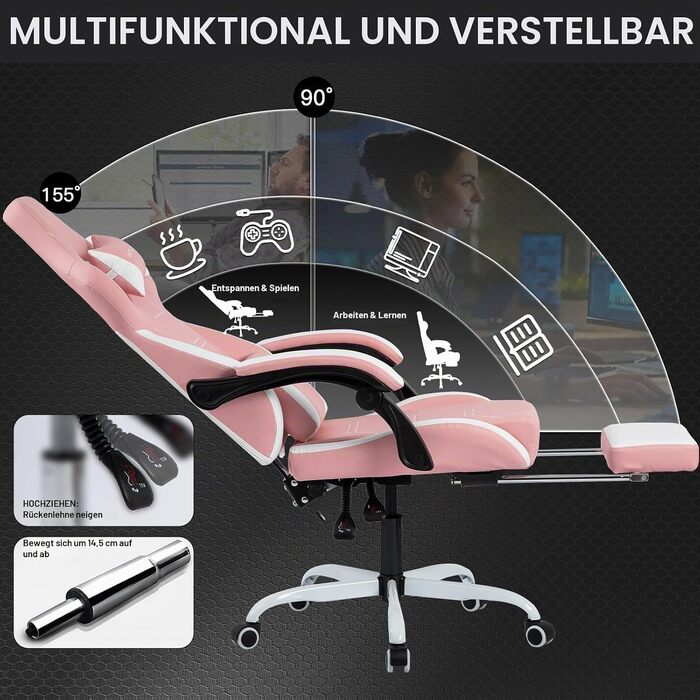 Геймерське крісло Ergonomisch з підставкою для ніг, регульоване, рожево-біле. Офісне крісло з підтримкою попереку для комп'ютера