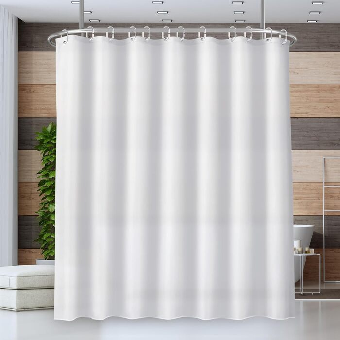 Штора для душу 180x180 см льон, біла - водонепроникна, з обтяженим краєм, з кільцями (12 шт.) для ванної кімнати