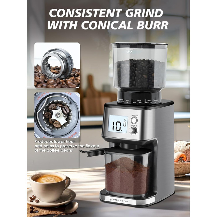 Електрична кавомолка Homtone для еспресо та френч-прес, 51 ступінь помолу, нержавіюча сталь, LCD-дисплей, 165W
