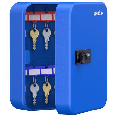 Шкафчик для ключів Uniclife на 60 позицій з комбінацією та ключовим замком, переналаштовується, цифрова скринька безпеки, органайзер для ключів з регульованими полицями (20 ключів, блакитний)