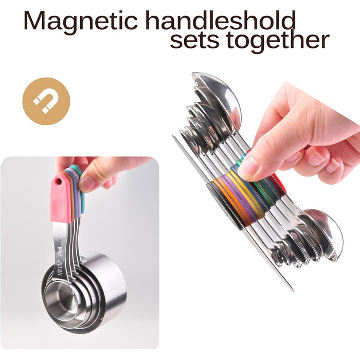 Magnetic measuring cup and spoon set, stainless steel, 5 cups and 7 spoons, with leveler (multicolored)