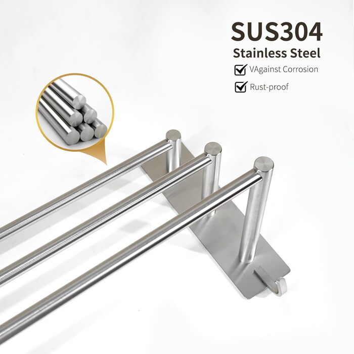 Тримач для рушників на стіну без свердління, SUS304 нержавіюча сталь, 3 стійки, 2 гачки, 60 см, сріблястий