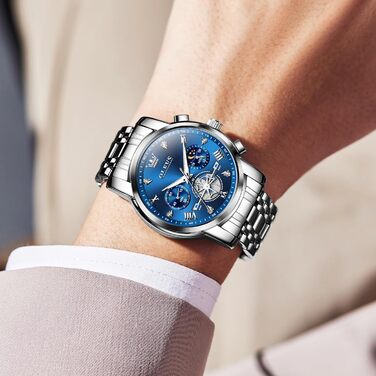 Годинник чоловічий OLEVS 2856 з фазами місяця, хронограф, кварц, нержавіюча сталь, водостійкий, блакитно-сріблястий