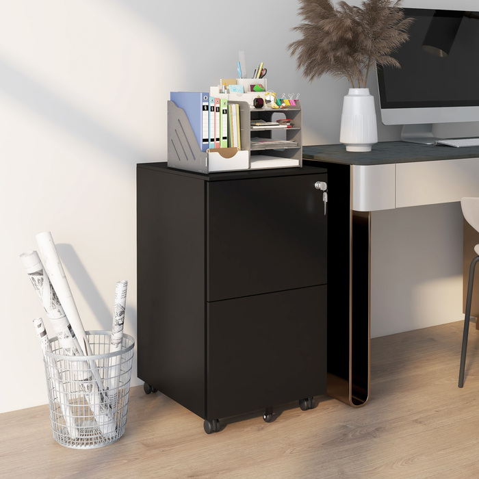 Vinsetto Rolling File Cabinet, Black with 2 Lockable Drawers on Steel Casters, 37x43.5x67.5cm for Office & Home Office