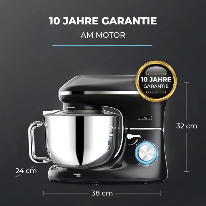 Fentic Stand Mixer - 2000W - Stainless Steel Mixing Bowl (6.2 L) - Stand Mixer with Dough Hook, Beater Hook, Whisk, and Splash Guard - Includes Additional Accessories - Black
