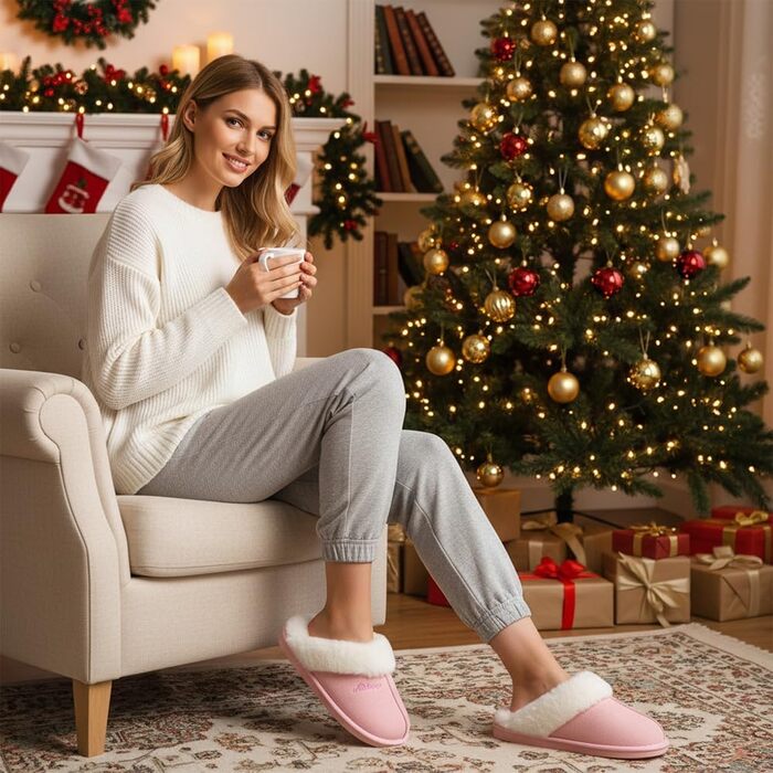 Тапочки домовик Donpapa для жінок та чоловіків, зимові, теплі, з плюшем та піною пам'яті, з імітацією овечої шкури, антиковзаючі, для дому та вулиці (40.5/42 EU, Horizont Rosa)