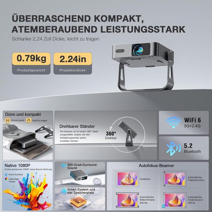 Mini проєктор 4K VOPLLS з автофокусом та корекцією трапеції, Full HD WiFi6 Bluetooth, для дому та на вулиці. Підтримка Android, iOS. Чорний колір.