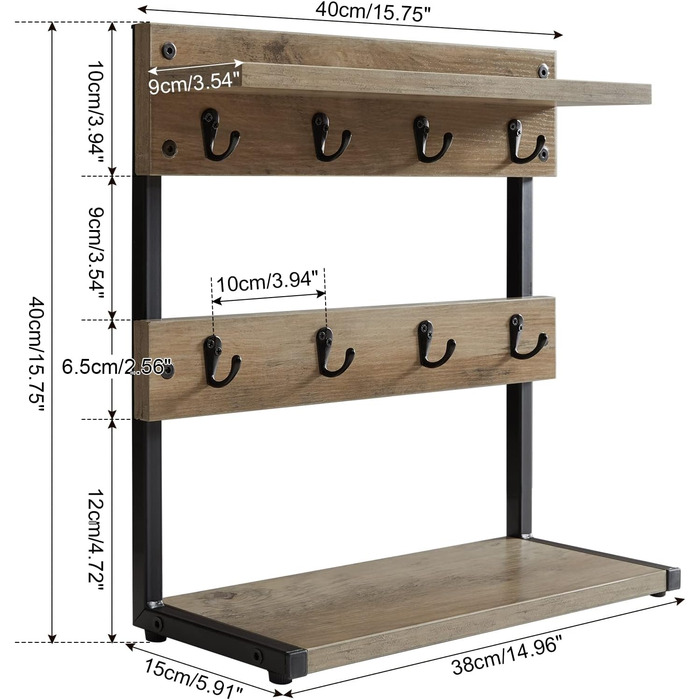 Vintage Mug Holder with 8 Hooks, Coffee Cup Holder for Kitchen Countertop, Cup Rack with Storage Bottom, for Kitchen Dining Room Cafe 40 x 15 x 40 cm, TBJ002H (with Shelf, Greige)