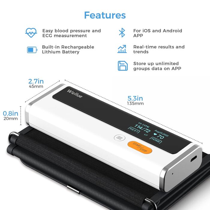 Wellue Armfit Plus: тонометр на плече з ЕКГ, Bluetooth, для дому. Безкоштовний додаток iOS & Android. Велика манжета.