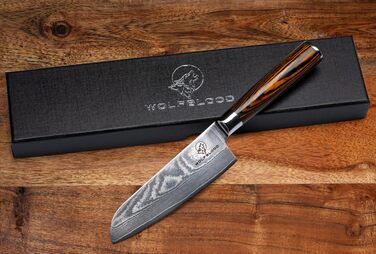 Ніж Santoku з дамаської сталі Wolfblood (24 см) – професійний кухонний ніж з 67 шарів дамаської сталі, дерев'яною ручкою, подарункова коробка та захист леза