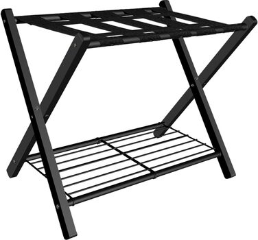 mocomax 1 Pack Folding Luggage Rack for Guest Rooms, Folding Suitcase Stand with Metal Shelf for Bedrooms, Living Rooms, Hotel Essentials, Robust Steel Frame, Black