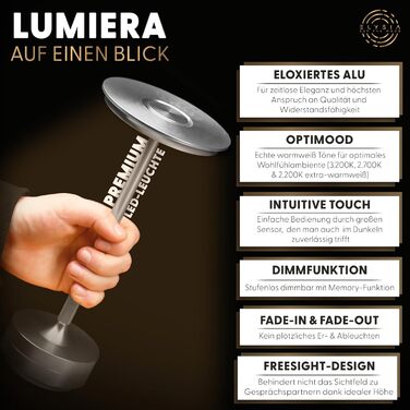 Світлодіодна настільна лампа ELYSIA з акумулятором, димується, бездротова, сенсорна, для дому та вулиці (IP54), тепле світло (2200K-2700K-3200K), USB-C, алюмінієва (срібна)