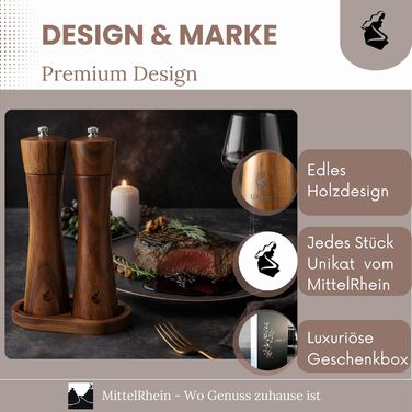 Дерев'яна мельниця для солі та перцю LORELEY® Mittelrhein Germany з керамічним жорном – з підставкою та пензлем – подарункова упаковка. Ідеальний подарунок на весілля або новосілля (Luxury Holz)