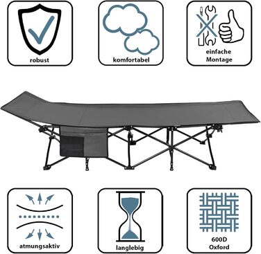 Кемпінгове ліжко Alpidex: складане, для відпочинку, з кишенею, сіре