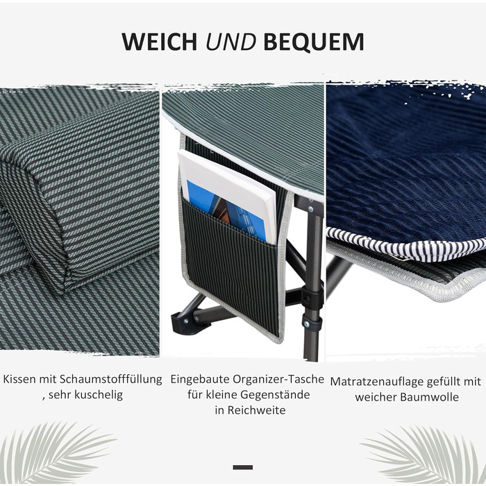 Ліжко кемпінгове складне Outsunny з матрацом, 188x64.5x53 см, до 150 кг, темно-синьо-сіре, для дому, саду, подорожей