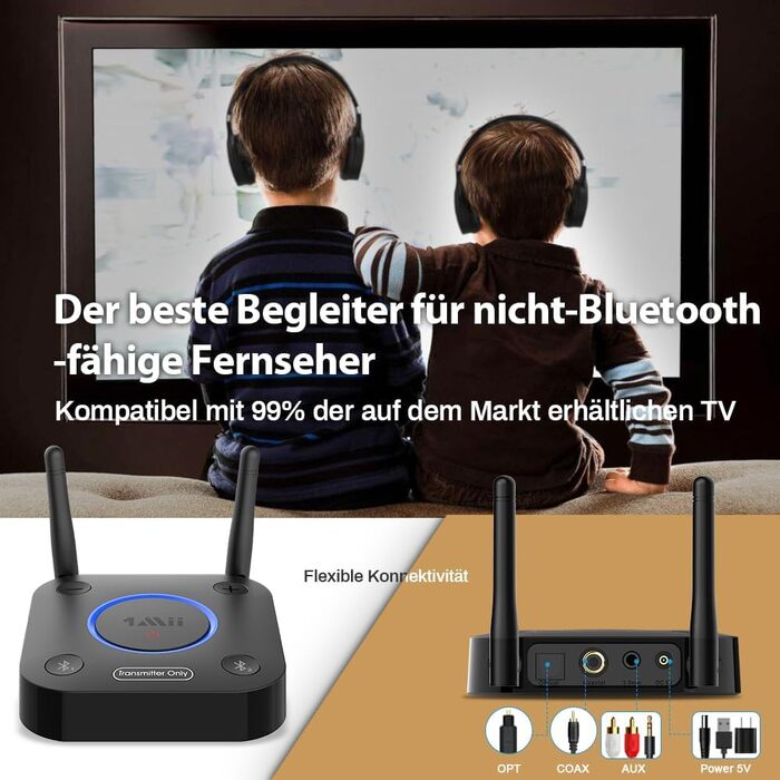 1Mii B06TX Bluetooth 5.2 Передавач для ТВ з aptX HD та низькою затримкою, велика дальність дії, аудіоадаптер для 2 навушників або динаміків, 3,5mm AUX/Оптичний/Коаксіальний вихід, регулювання гучності