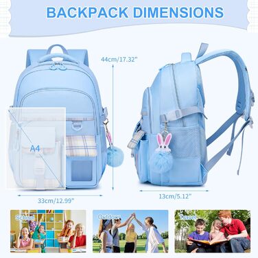 Сумка для школи для дівчаток - велика містка рюкзак Каваї з відділом для ноутбука для учнів початкової та середньої школи, блакитний