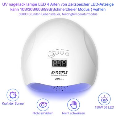 LED UV лампа для нігтів NAILGIRLS 150W з таймером, LCD дисплеєм та знімною магнітною пластиною (біла)