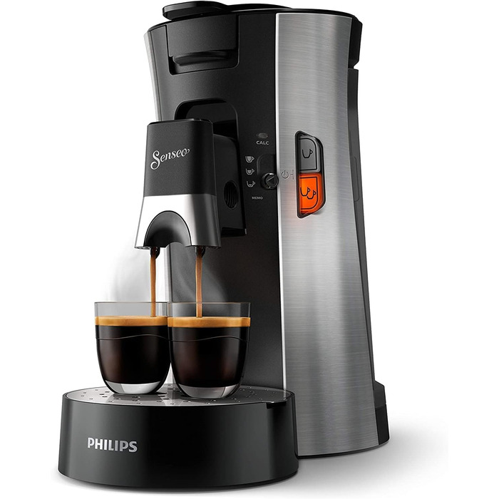 PHILIPS Senseo Select Coffee Pad Machine – Coffee Strength Choice Plus, Memo Function, Crema Plus Technology, 0.9L Water Tank, Two-Cup Function, Adjustable Outlet, Environmentally Friendly (CSA250/10) Brushed Steel