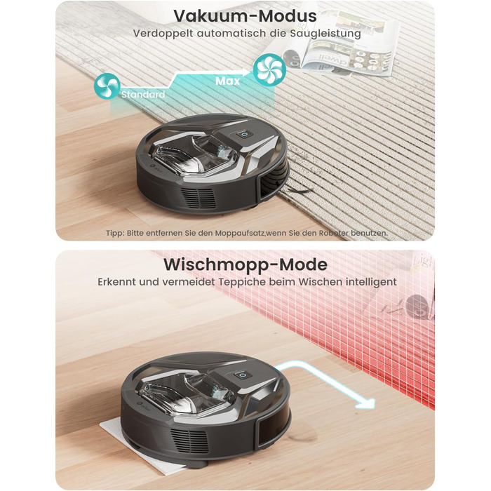 Робот-пилосос LEFANT M320 3-в-1 з функцією миття, 6000Pa, навігація, 800мл, 240хв, Wi-Fi, для шерсті тварин, килими, чорний