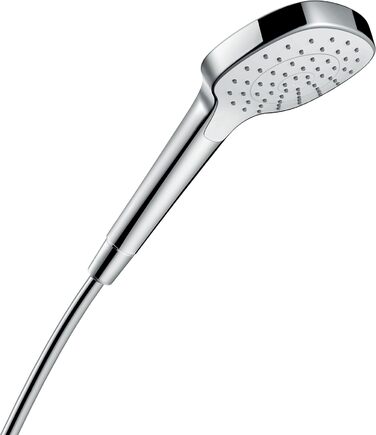 hansgrohe Croma Select E - water-saving showerhead 9 l/min (EcoSmart), hand shower with 3 spray patterns, square shower head (110 x 110 mm), showerhead with water-saving function and anti-limescale feature, White/Chrome (1 spray pattern)