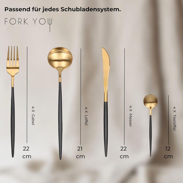 Cutlery Set Black Gold Matte (16-piece), stainless steel, tableware set for 4 people, dishwasher-safe, gift set in high-quality gift box