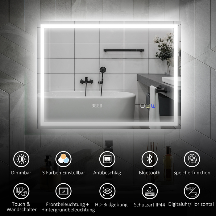 Дзеркало для ванної кімнати HOMCOM з підсвіткою 80x60 см, LED, з Bluetooth, функцією пам'яті, годинником, 3 кольорами світла, запобігає запотіванню, сенсорне управління, сріблястий | Aosom