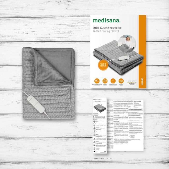 Електрична ковдра Medisana HB 680 Kuschelheizdecke з в'язаним візерунком, функцією автоматичного вимкнення, що стирається, сірого кольору, 3 температурні режими, розмір 160 x 120 см, двоколірна, з ефектом реверсу