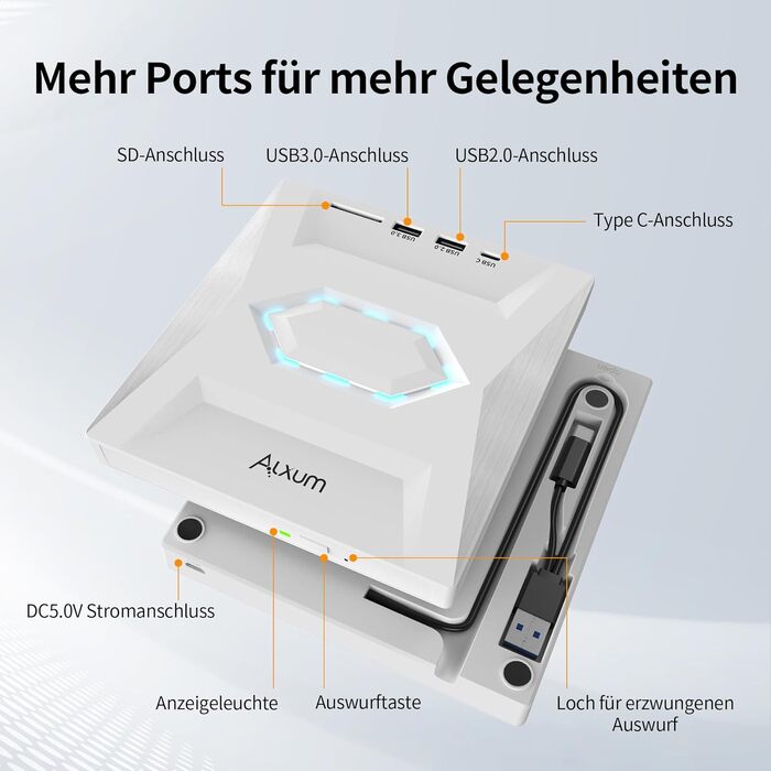Зовнішній CD/DVD привід Alxum USB 3.0 з картридером SD/TF та додатковим USB-портом, білий
