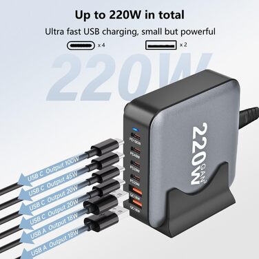 Зарядний пристрій USB C 220W, 6 портів GaN III, швидка зарядка PD + QC для iPhone, Samsung, iPad, MacBook Pro, Dell – Чорний + Кабель USB C 100W 1.5м