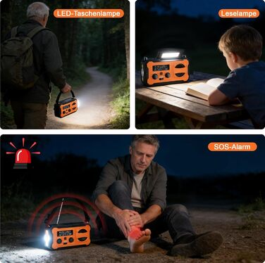 Радіоприймач FIVAVA на сонячних батареях з ручним заводом, Powerbank 10000mAh, SOS-сигнал, LED-ліхтарик, USB. Для кемпінгу, надзвичайних ситуацій (Помаранчевий)
