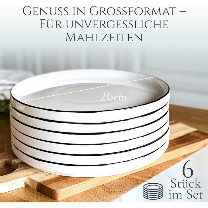 Сервіз Porzellan для 6 осіб, 24 предмети, Crystal, білий з чорним обідком. Тарілки та миски, преміум якість, сертифікат TESTSIEGER