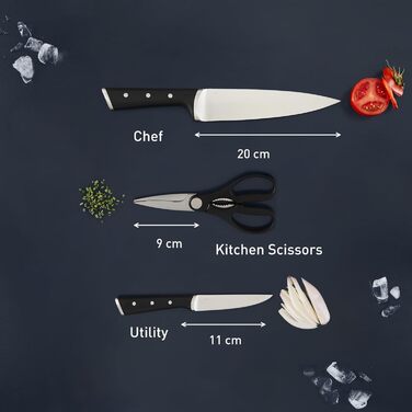 Набір ножів Tefal Ice Force 3 шт: Шеф-ніж 20 см, Сантоку 18 см, Універсальний ніж 11 см, нержавіюча сталь, чорний, K232S3