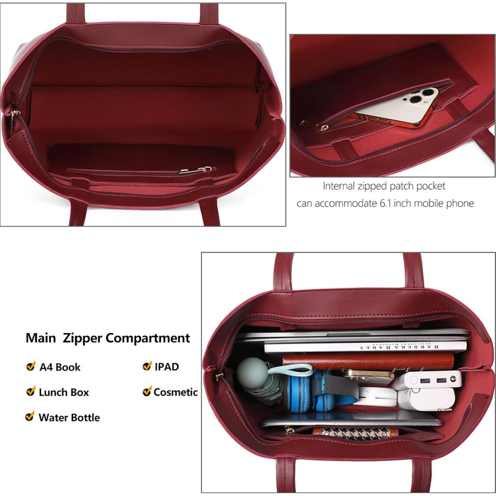 Жіноча сумка-шопер Tote Bag з PU шкіри для роботи, школи, покупок. Бордова. З блискавкою та внутрішніми кишенями