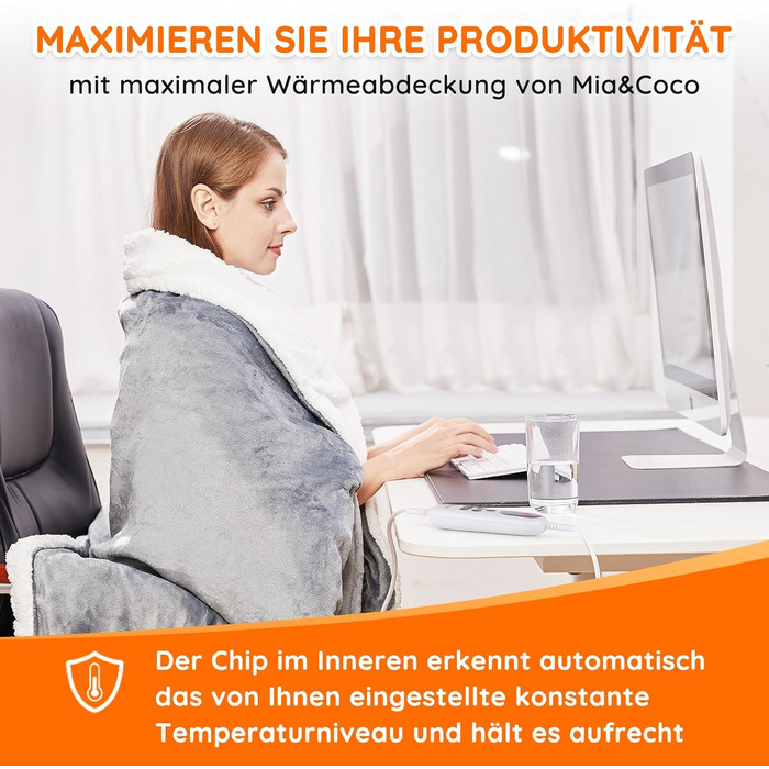 Електрична ковдра Mia&Coco з автовимкненням 180x130 см, 10 рівнів нагріву, таймер 9 годин, захист від перегріву, машинне прання, фланель, для ліжка, дивану та вітальні, сіра 130x180 см