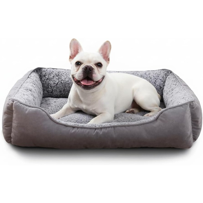 Диванчик для собак, миючий, м'який плюш, заспокійливе ліжко з антиковзною основою, прямокутний, килимок проти тривоги для цуценят (50 x 48 см, середній, сірий)