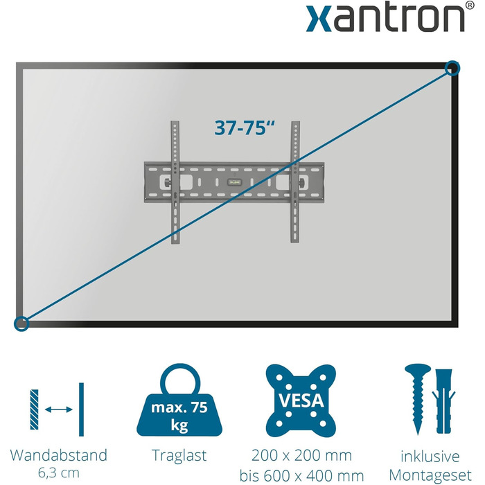 Кронштейн для телевізора Xantron STRONGLINE-42N настінний, похилий, 37-75 дюймів, VESA до 600x400, до 75 кг, мінімальна відстань від стіни, з монтажним комплектом